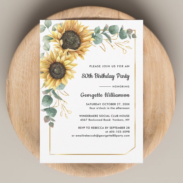 Invitation Fleur de tournesol 80e fête d'anniversaire (Sunflower Eucalyptus Floral 80th Birthday Party Invitation)