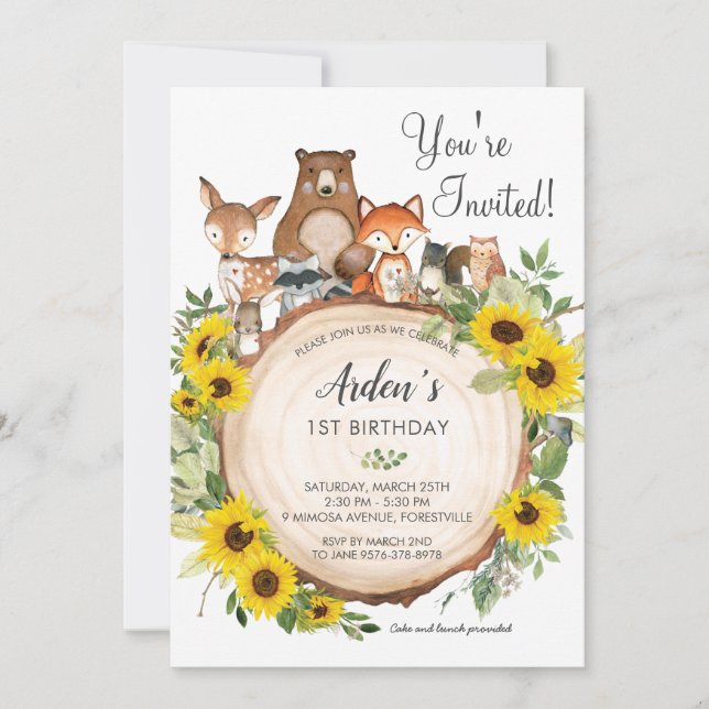 Invitation Fleur de tournesol Bois Animaux Anniversaire (Devant)