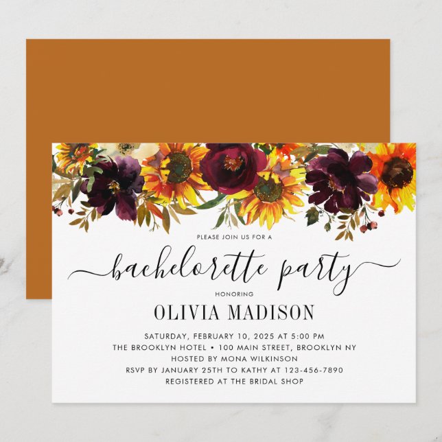 Invitation Fleur de tournesol d'automne russe Fête de bachelo (Devant / Derrière)