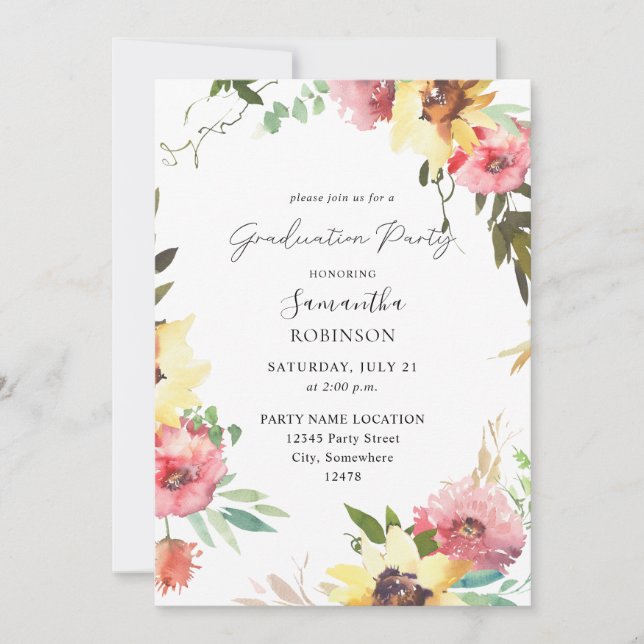 Invitation Fleur de tournesol d'été fête de graduation floral (Devant)