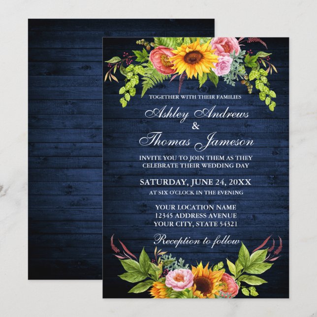 Invitation Fleur de tournesol Mariage en bois bleu rustique (Devant / Derrière)