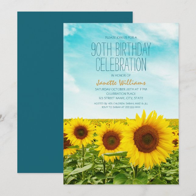 Invitation Fleur de tournesol russe fête de 90e anniversaire (Devant / Derrière)