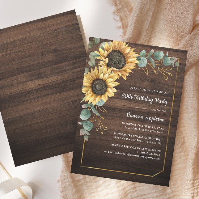 Invitation Fleur de tournesol rustique 80e fête d'anniversair (Rustic Sunflower Eucalyptus Wood Look 80th Birthday Party Invitation)