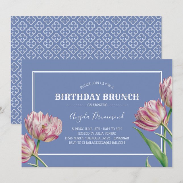 Invitation Fleur de tulipe Anniversaire Brunch Violet (Devant / Derrière)