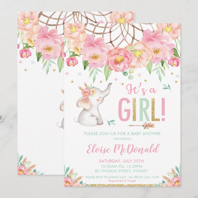 Invitation Fleur d'éléphant Baby shower Girl Boho Pink Mint F (Devant / Derrière)