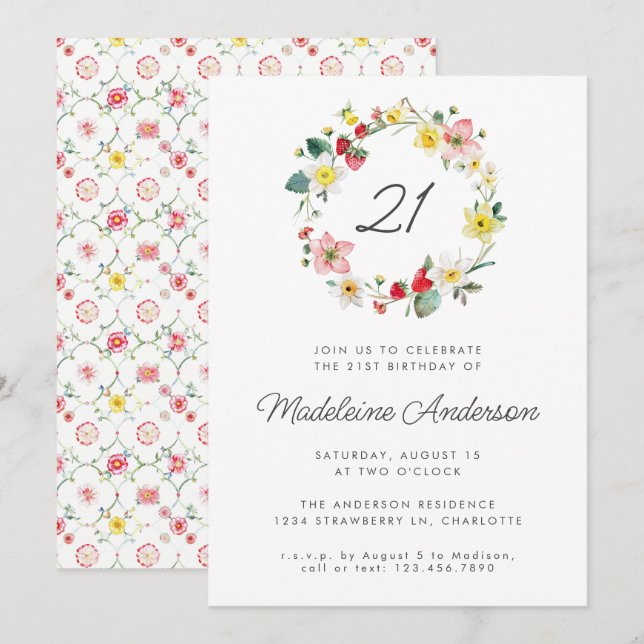 Invitation Fleur d'été de fraise Wreath 21e anniversaire (Devant / Derrière)