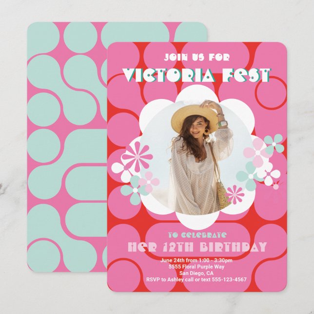 Invitation Fleur d'hippie super photo fête d'anniversaire (Devant / Derrière)