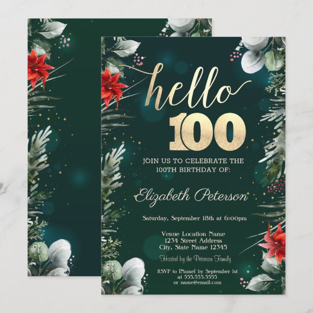 Invitation Fleur d'hiver Poinsettia Vert 100e anniversaire (Devant / Derrière)