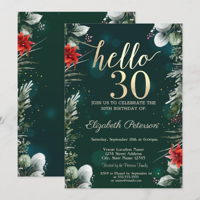 Invitation Fleur d'hiver Poinsettia Vert 30e anniversaire (Devant / Derrière)