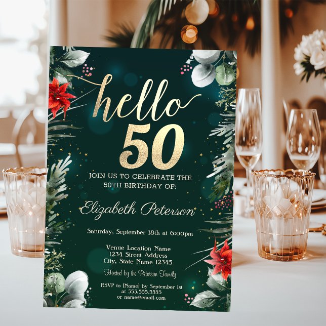 Invitation Fleur d'hiver Poinsettia Vert 50e anniversaire (Créateur téléchargé)