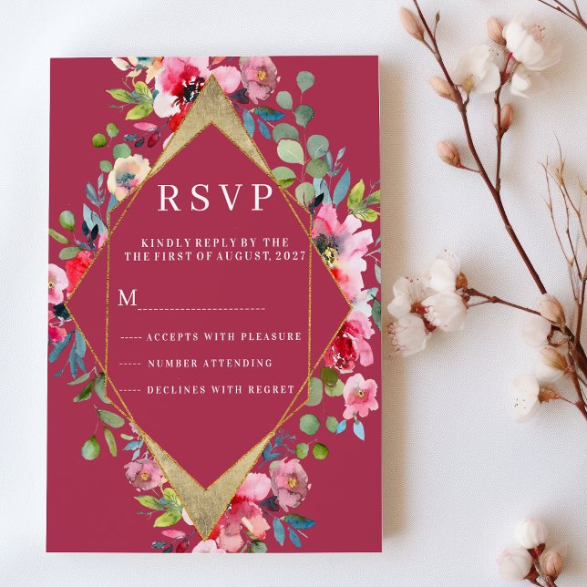 Invitation Fleur d'or à menthe rose géométrique RSVP (Geometric burgundy pink mint gold floral RSVP)
