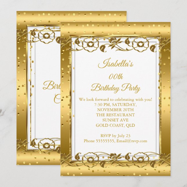 Invitation Fleur d'or Parties scintillant blanche fête d'anni (Devant / Derrière)