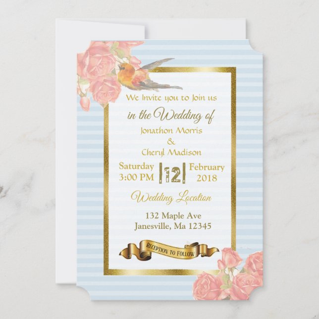 Invitation Fleur d'or rose et mariage d'oiseaux (Devant)