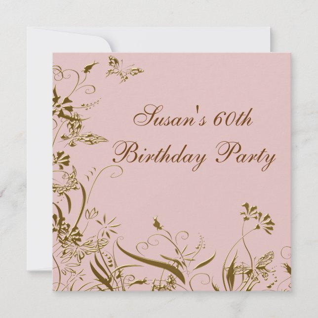 Invitation Fleur d'or rose papillon femmes 60e anniversaire (Devant)