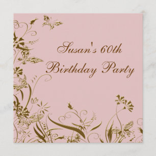 Invitation Fleur d'or rose papillon femmes 60e anniversaire