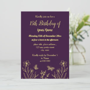 Invitation Fleur d'or simple violet anniversaire
