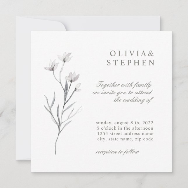 Invitation Fleur élégante. Mariage noir blanc simple (Devant)