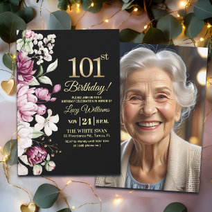 Invitation Fleur Élégante Or 101 Anniversaire Photo