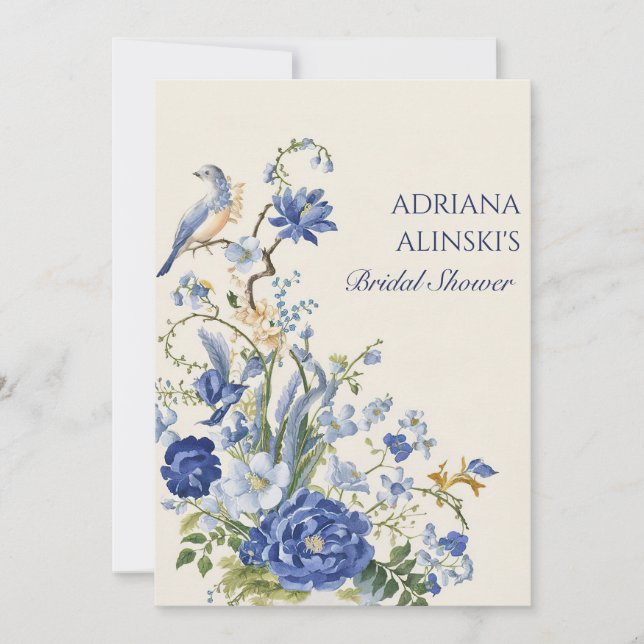 Invitation Fleur et oiseau bleus vintage  (Devant)