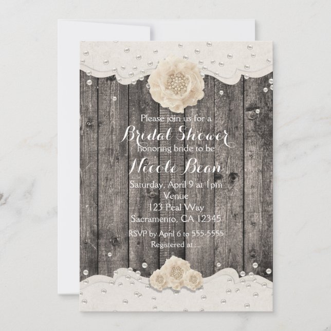 Invitation Fleur et perles blanches romantiques Bois rustique (Devant)
