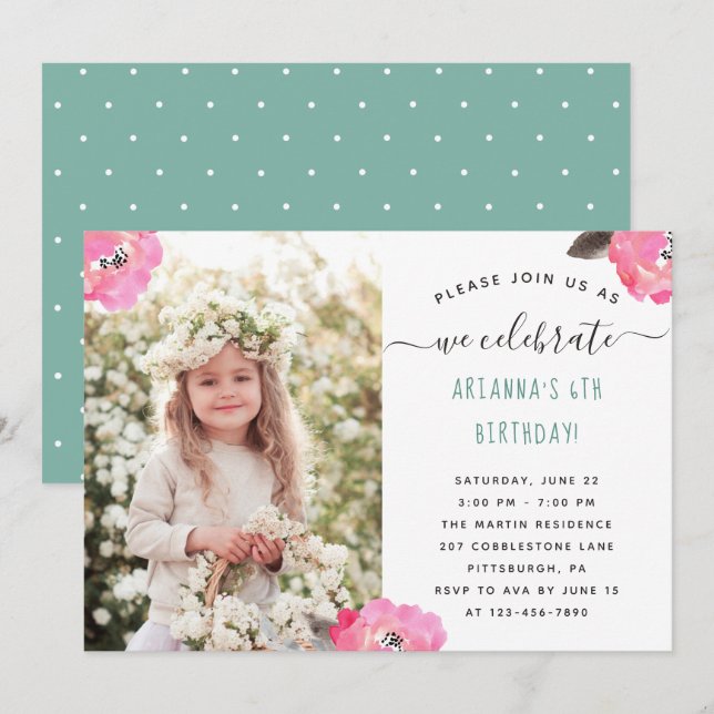 Invitation Fleur et points Photo fête d'anniversaire (Devant / Derrière)