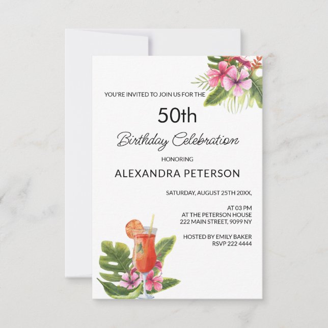 Invitation Fleur exotique et cocktail Anniversaire (Devant)