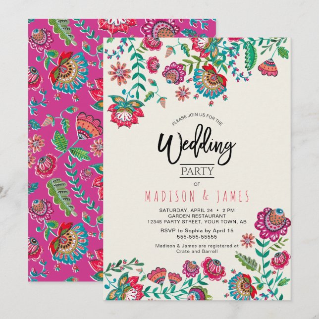 Invitation Fleur folk rose vif mariage boho mexicain (Devant / Derrière)