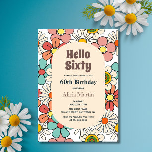 Invitation Fleur Hippie Retro super Bonjour Soixante Annivers