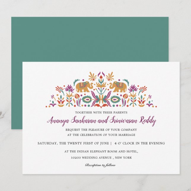 Invitation Fleur indienne Elephant Jade vert mariage moderne (Devant / Derrière)
