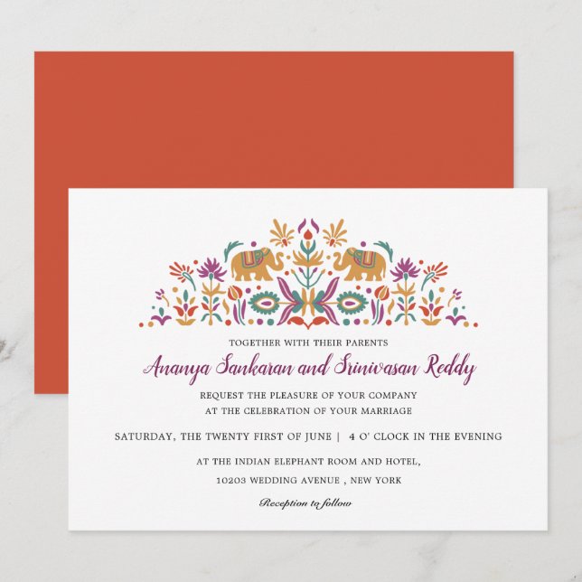 Invitation Fleur indienne Eléphant Orange mariage moderne (Devant / Derrière)
