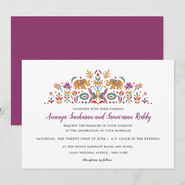 Invitation Fleur indienne Eléphant violet mariage moderne (Devant / Derrière)