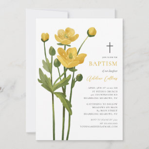 Invitation Fleur Jaune Douce Fleurit Élégant Script Baptême