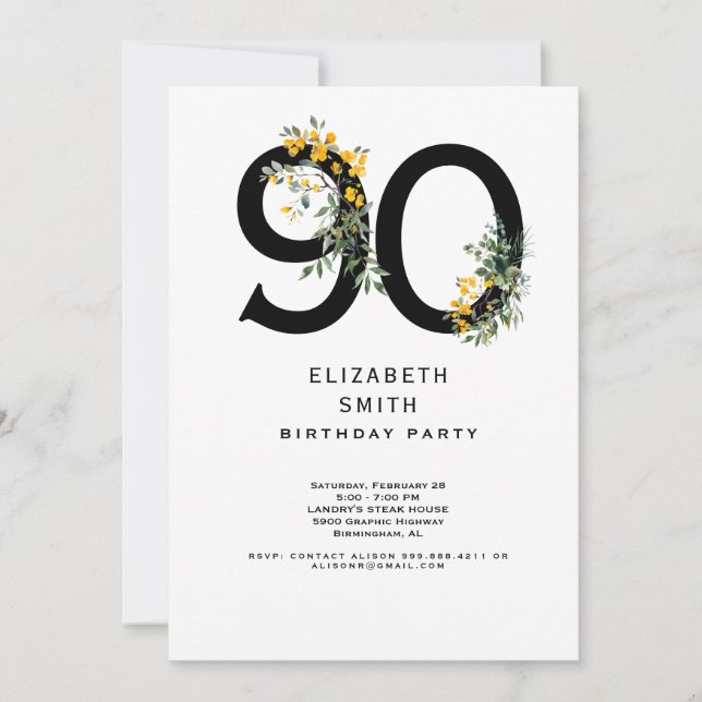 Invitation Fleur Jaune Elégante 90e fête d'anniversaire (Devant)