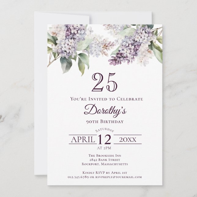 Invitation Fleur Lilac de printemps violet 25e anniversaire (Devant)