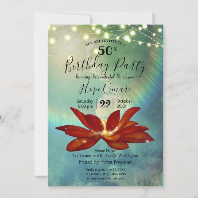 Invitation Fleur Lotus rouge | Blue 50th Birthday Party (Devant)