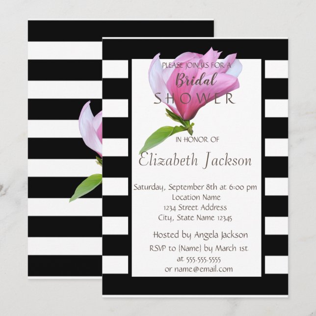 Invitation Fleur, Magnolia Black White Stripes Fête des marié (Devant / Derrière)