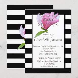 Invitation Fleur, Magnolia Black White Stripes Fête des marié