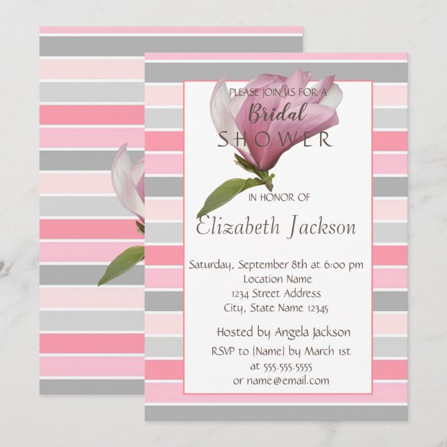 Invitation Fleur, Magnolia Rayures Baby Shower Nuptial (Devant / Derrière)
