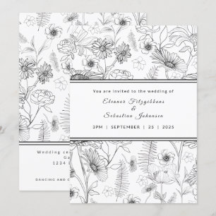 Invitation Fleur marguerite noire et blanche rose motif maria