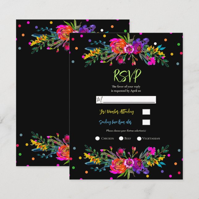 Invitation Fleur moderne brillante et Fiesta noire Réponse RS (Devant / Derrière)