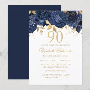 Invitation Fleur Navy Or Rose 90e Anniversaire