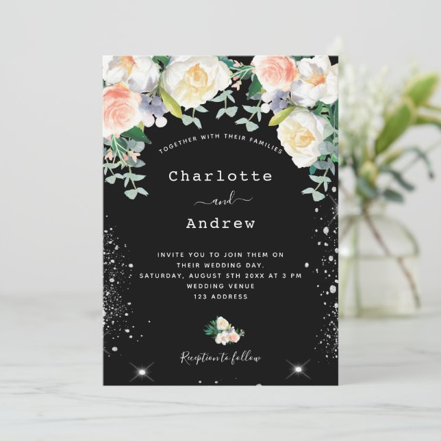 Invitation Fleur noir blanc rose argent parties scintillant m (Debout devant)