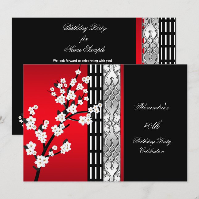 Invitation Fleur noire rouge asiatique fête d'anniversaire 2 (Devant / Derrière)