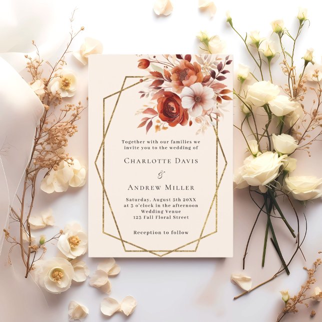 Invitation Fleur orange brûlé beige mariage géométrique (Créateur téléchargé)