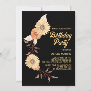 Invitation Fleur orange classique Botanique Or Noir Anniversa