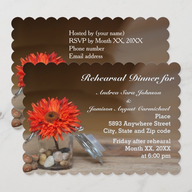 Invitation Fleur orange dans le Dîner de répétition Jar Mason (Devant / Derrière)