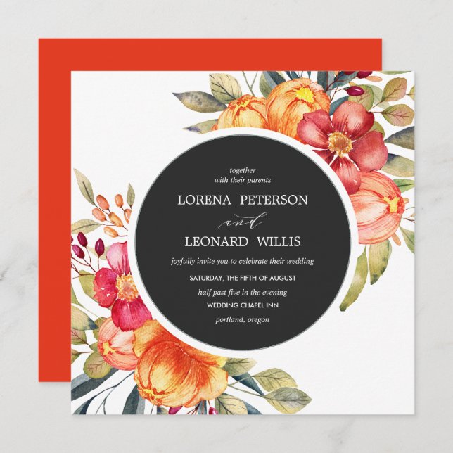 Invitation Fleur peinte Moderne ÉLÉGANT Rustique gris rond (Devant / Derrière)