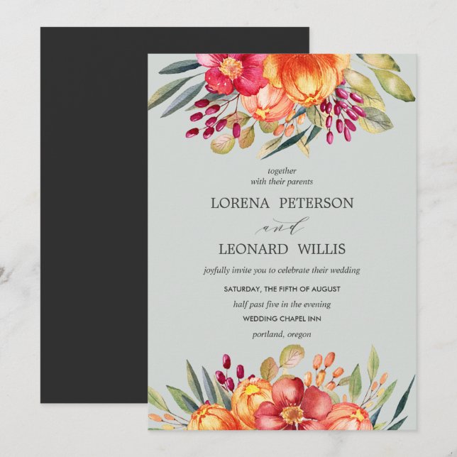 Invitation Fleur peinte Moderne ÉLÉGANT Rustique Gris Vertica (Devant / Derrière)