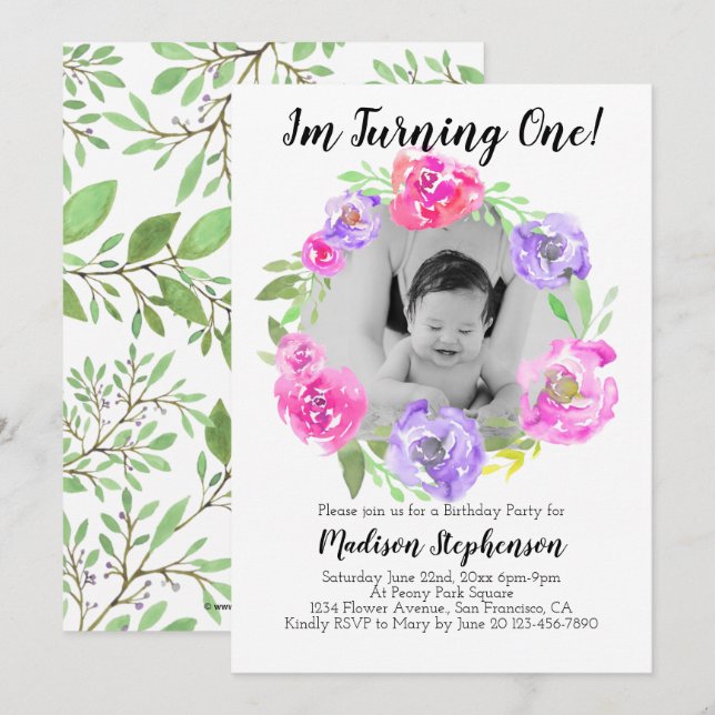 Invitation Fleur Photo Fille Bébés 1er anniversaire fête (Devant / Derrière)