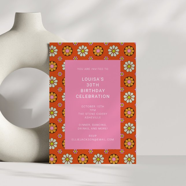 Invitation Fleur rétro Orange rose 30e fête d'anniversaire (Créateur téléchargé)